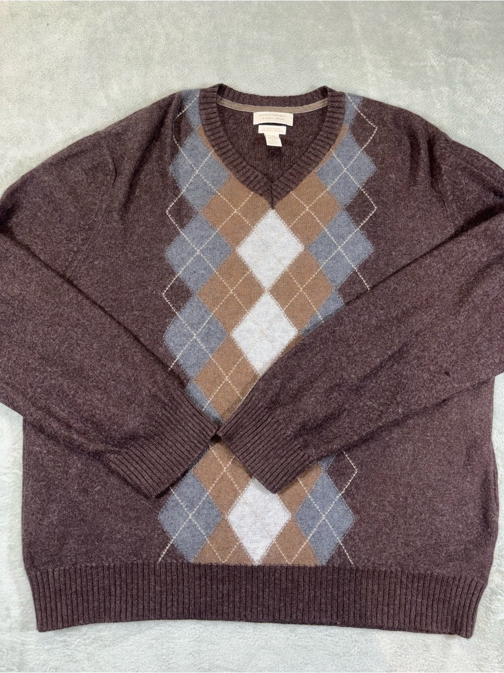 Banana Republic Argyle Sweater XL Brown V-Neck Cotton Cashmere Angora